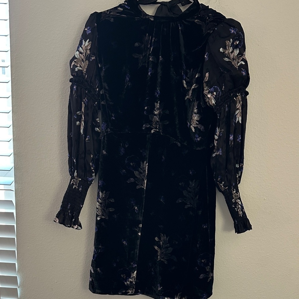 Rebecca Taylor Black and Purple Floral Long Sleeve Dress